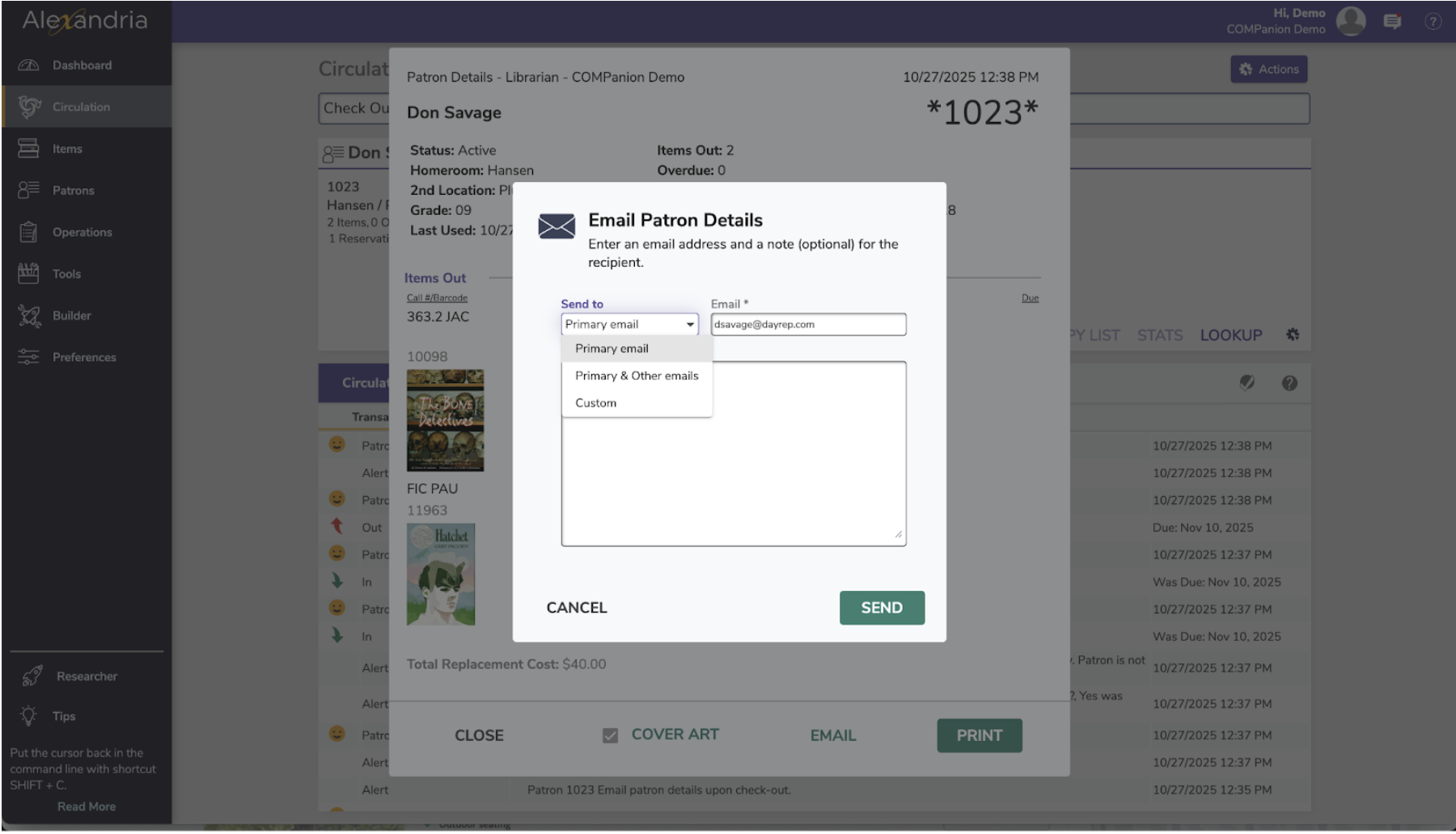 Support Patron Emailing patron details to parents – Alexandria™