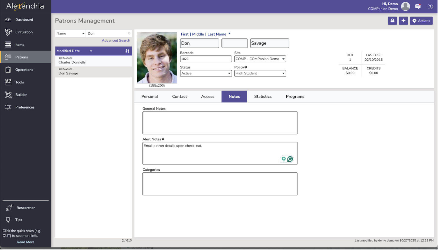 Support Patron Emailing patron details to parents – Alexandria™